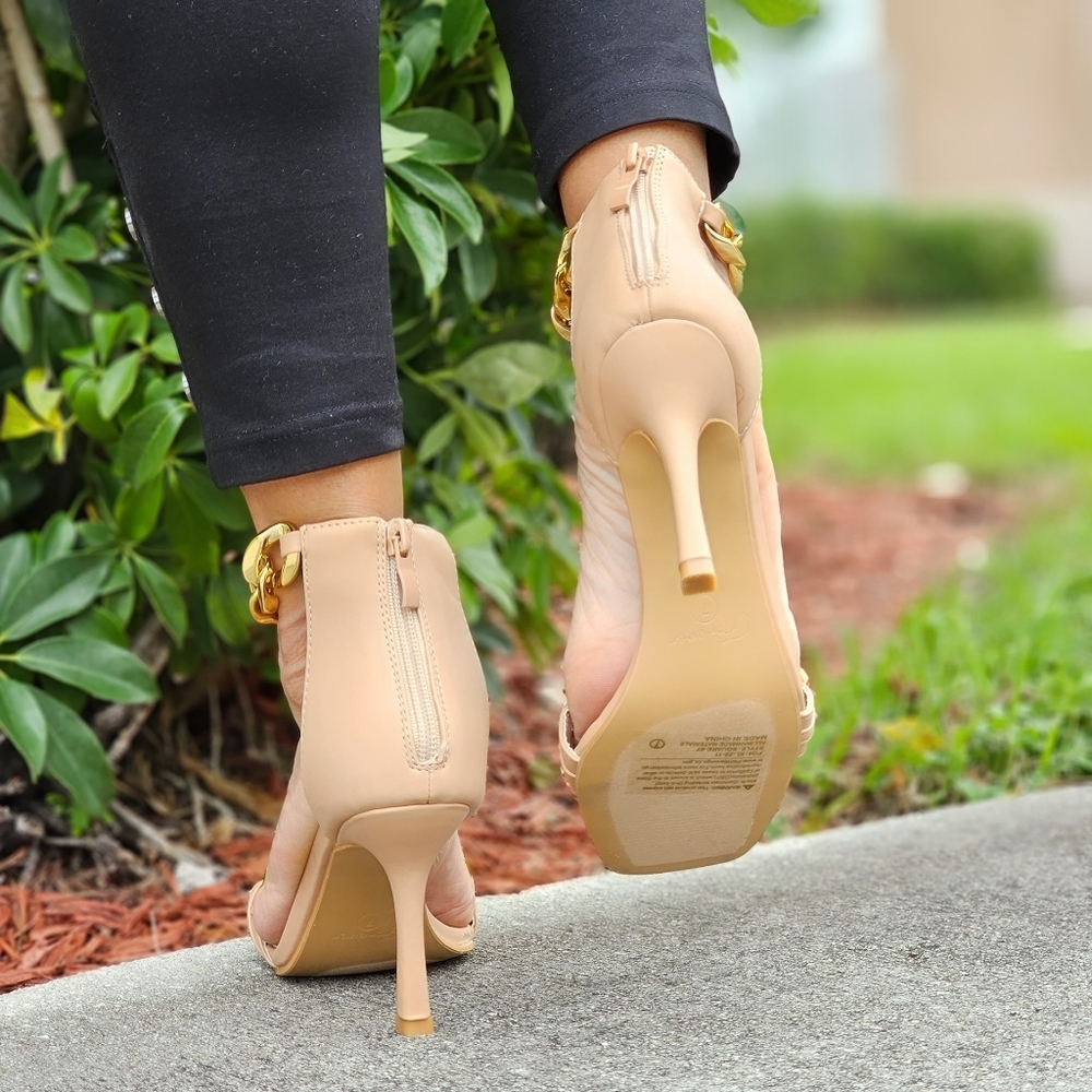 Womens Ankle Strap Heels Chains Stiletto Sandals Nude Color - Picture 5 of 5